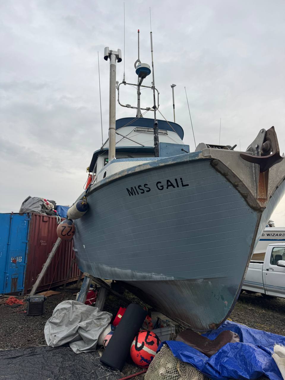 The sturdy bow of the F/V Miss Gail on dry dock